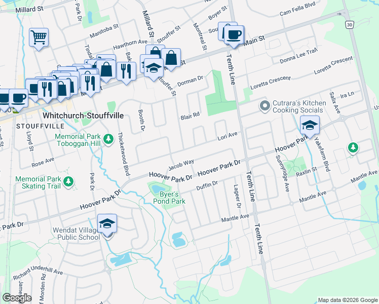 map of restaurants, bars, coffee shops, grocery stores, and more near 226 Lori Avenue in Whitchurch-Stouffville