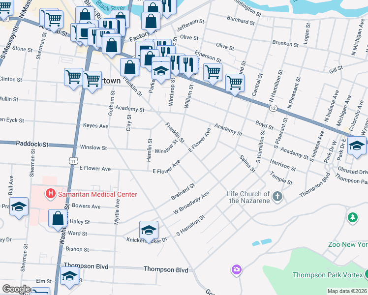 map of restaurants, bars, coffee shops, grocery stores, and more near 618 Franklin Street in Watertown