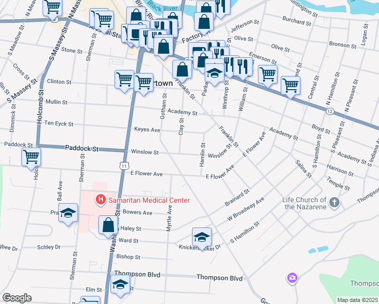 map of restaurants, bars, coffee shops, grocery stores, and more near 248 Winslow Street in Watertown
