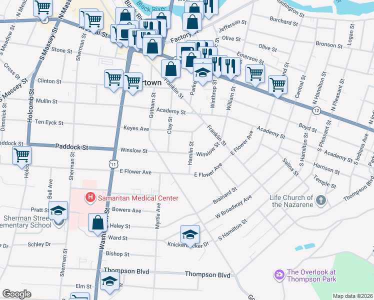 map of restaurants, bars, coffee shops, grocery stores, and more near 248 Winslow Street in Watertown