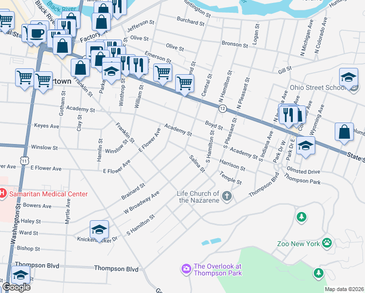 map of restaurants, bars, coffee shops, grocery stores, and more near 341 Arlington Street in Watertown