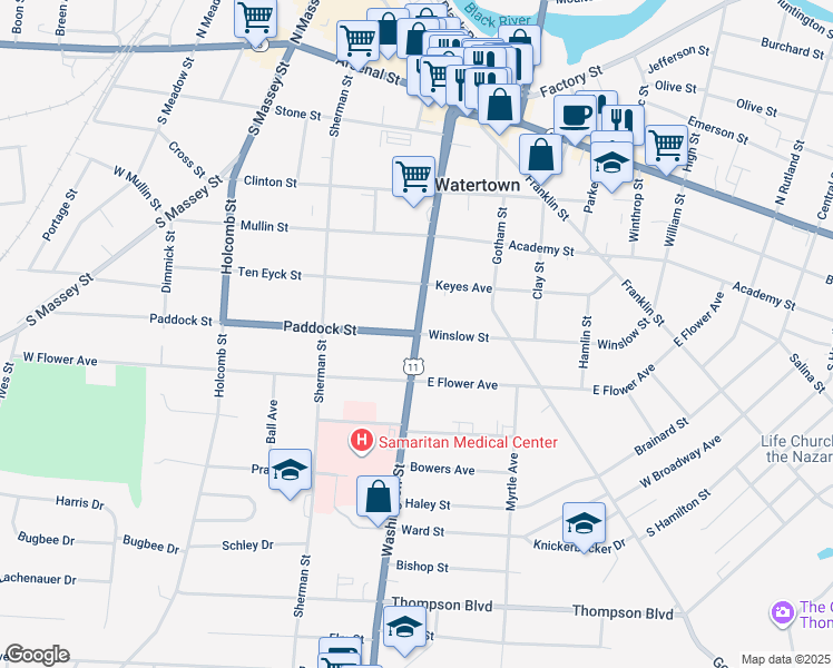 map of restaurants, bars, coffee shops, grocery stores, and more near 101 Paddock Street in Watertown