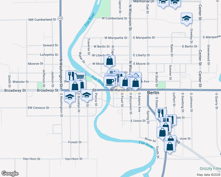 map of restaurants, bars, coffee shops, grocery stores, and more near 167 West Huron Street in Berlin
