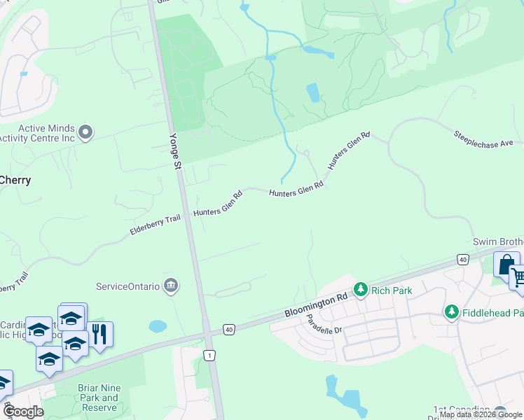 map of restaurants, bars, coffee shops, grocery stores, and more near 23 Hunters Glen Road in Aurora
