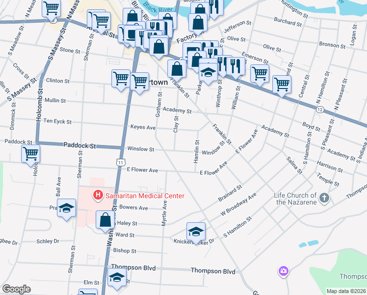 map of restaurants, bars, coffee shops, grocery stores, and more near 235 Winslow Street in Watertown