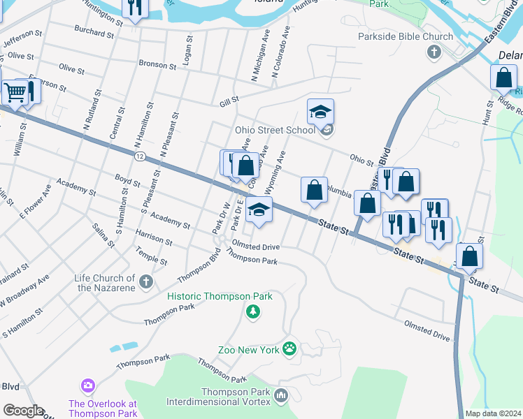 map of restaurants, bars, coffee shops, grocery stores, and more near 107 Moore Avenue in Watertown