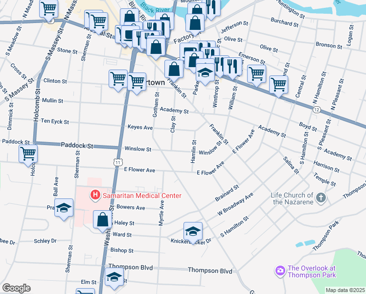 map of restaurants, bars, coffee shops, grocery stores, and more near 248 Winslow Street in Watertown