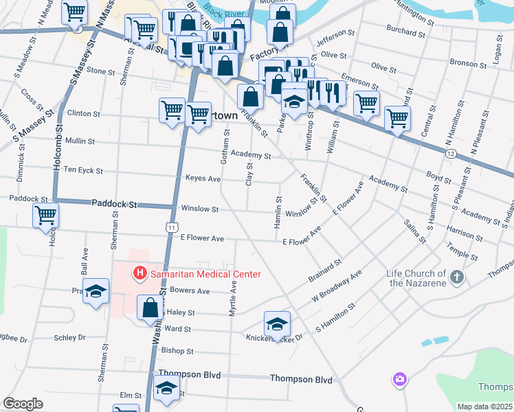 map of restaurants, bars, coffee shops, grocery stores, and more near 214 Winslow Street in Watertown