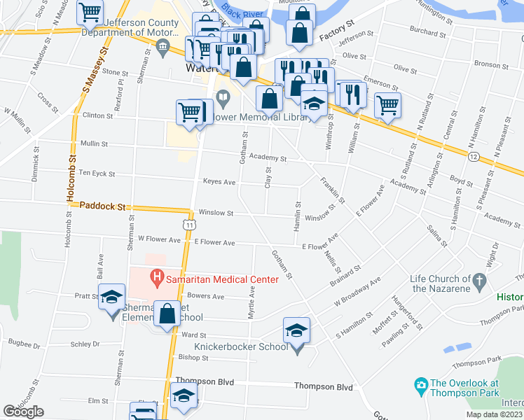 map of restaurants, bars, coffee shops, grocery stores, and more near 215 Winslow Street in Watertown