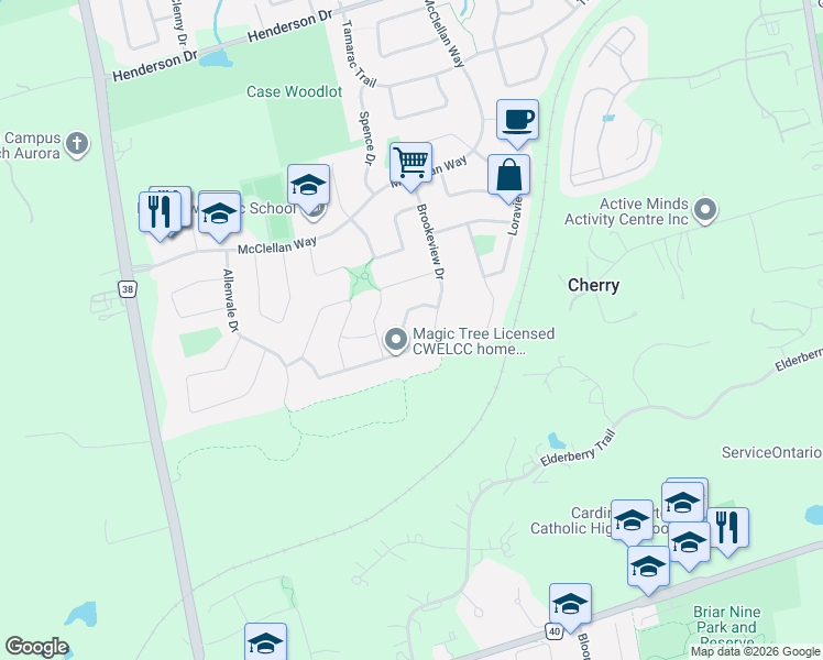 map of restaurants, bars, coffee shops, grocery stores, and more near 59 Dawlish Avenue in Aurora