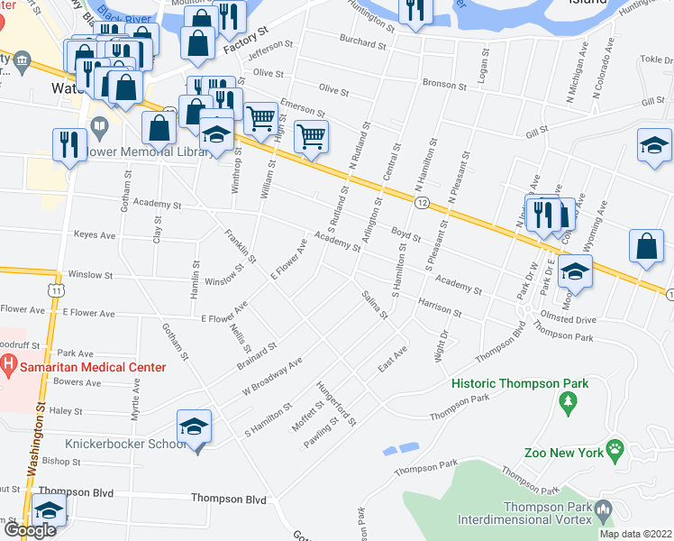 map of restaurants, bars, coffee shops, grocery stores, and more near 820 Rutland Place in Watertown