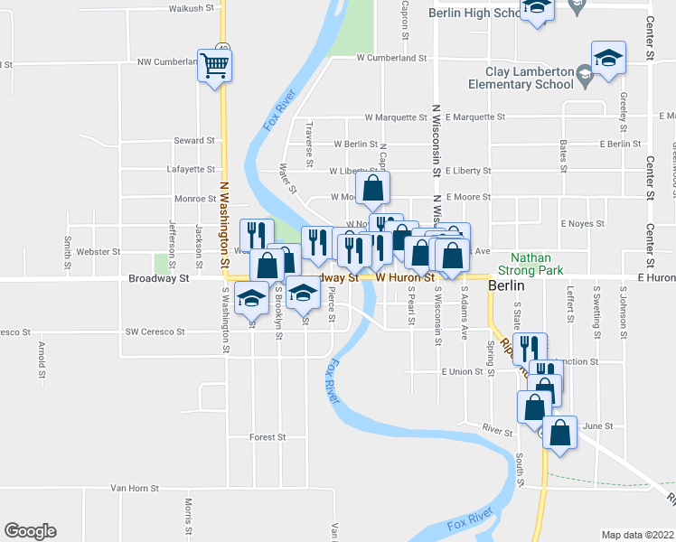 map of restaurants, bars, coffee shops, grocery stores, and more near 203 Broadway Street in Berlin