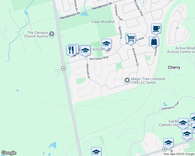 map of restaurants, bars, coffee shops, grocery stores, and more near 90 Chiswick Crescent in Aurora