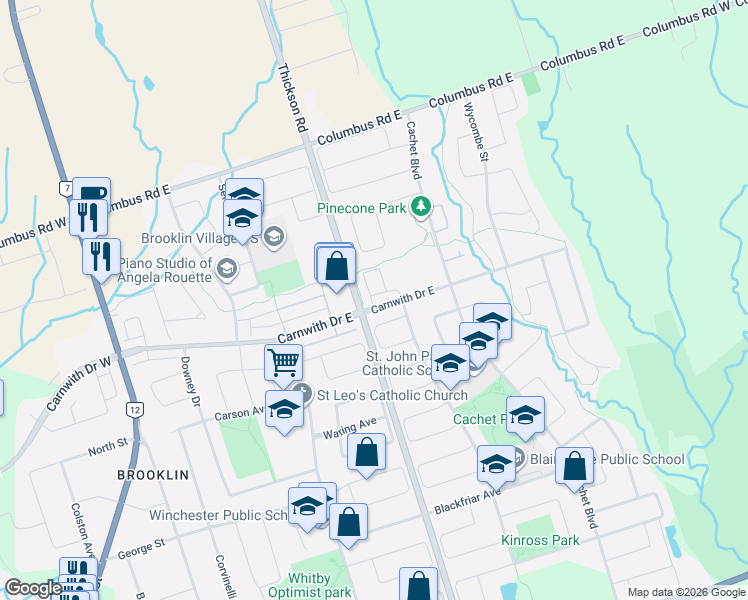 map of restaurants, bars, coffee shops, grocery stores, and more near 274 Carnwith Drive East in Whitby