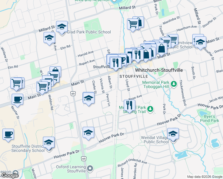 map of restaurants, bars, coffee shops, grocery stores, and more near 7 Albert Street in Whitchurch-Stouffville