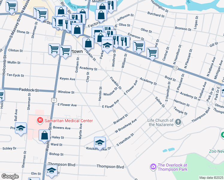 map of restaurants, bars, coffee shops, grocery stores, and more near 320 Winslow Street in Watertown