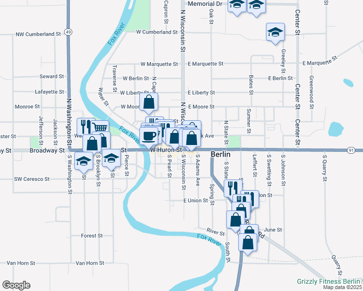 map of restaurants, bars, coffee shops, grocery stores, and more near 109 South Wisconsin Street in Berlin
