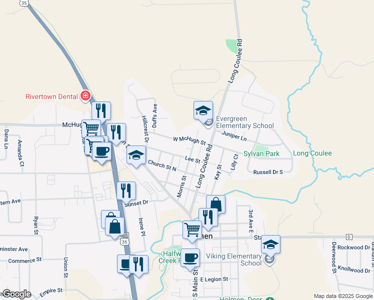 map of restaurants, bars, coffee shops, grocery stores, and more near 321 Morris Street in Holmen