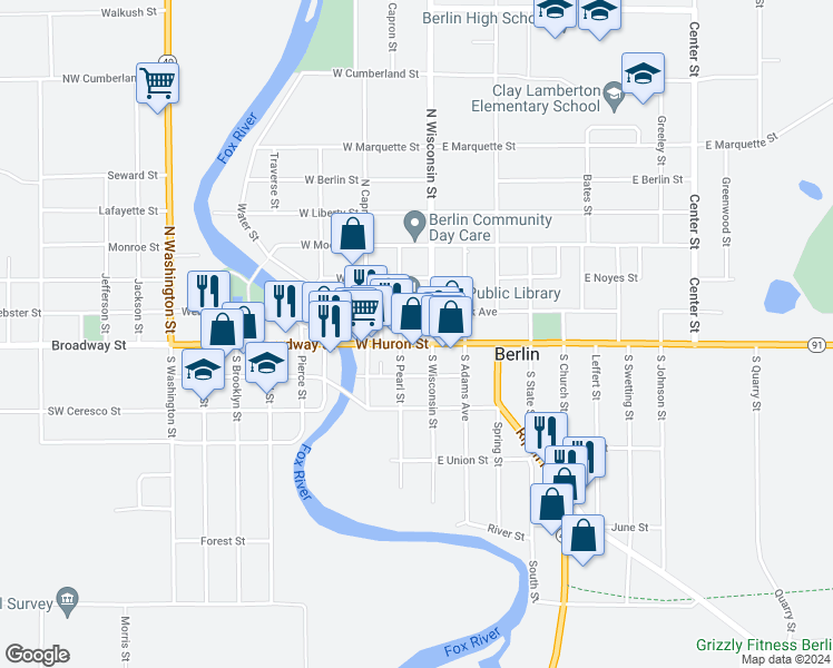 map of restaurants, bars, coffee shops, grocery stores, and more near 111 West Huron Street in Berlin