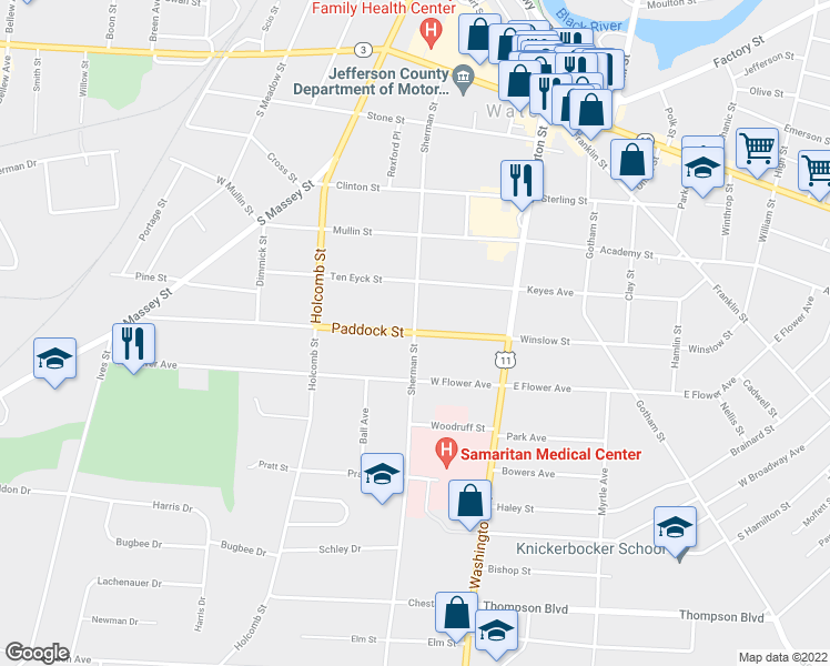 map of restaurants, bars, coffee shops, grocery stores, and more near Paddock Street & Sherman Street in Watertown