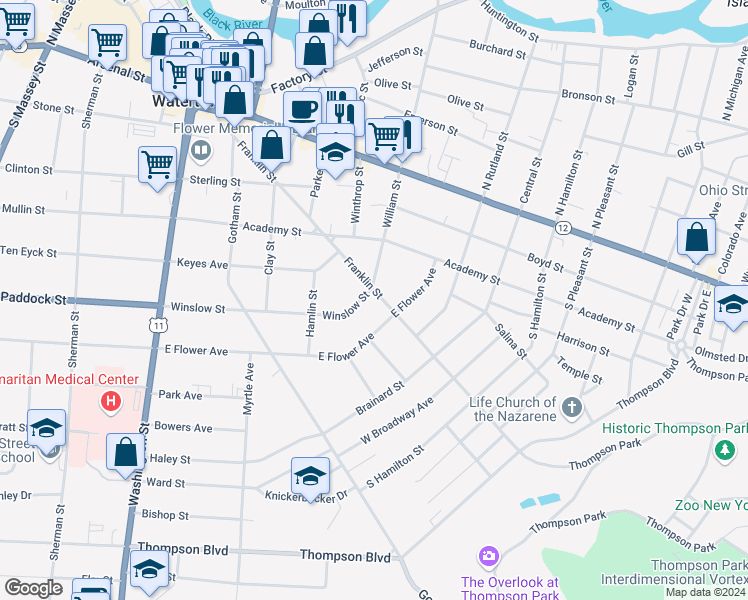 map of restaurants, bars, coffee shops, grocery stores, and more near 608 Franklin Street in Watertown