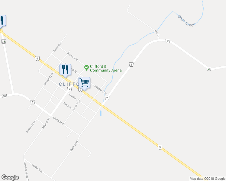 map of restaurants, bars, coffee shops, grocery stores, and more near 20 Mill Street East in Clifford