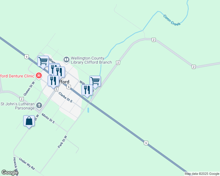 map of restaurants, bars, coffee shops, grocery stores, and more near 20 Mill Street East in Clifford