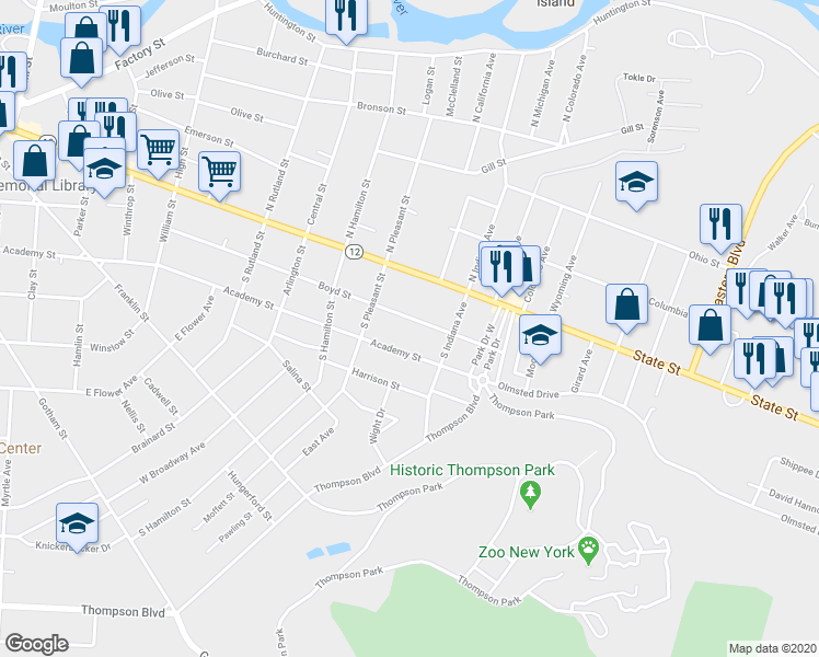 map of restaurants, bars, coffee shops, grocery stores, and more near 1132 Boyd Street in Watertown