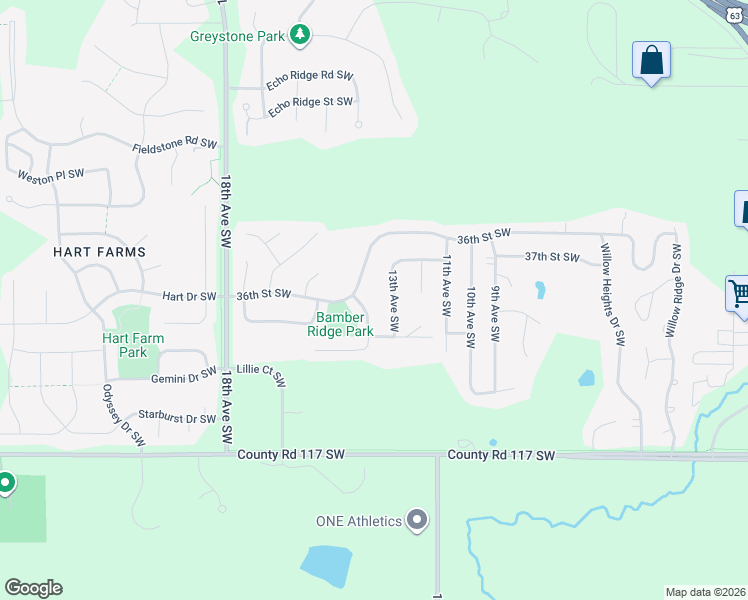map of restaurants, bars, coffee shops, grocery stores, and more near 3705 Halling Place Southwest in Rochester