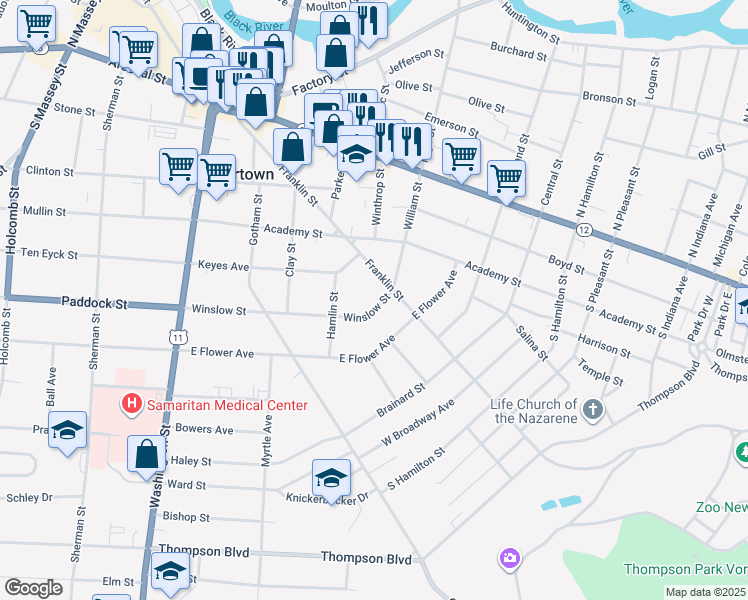 map of restaurants, bars, coffee shops, grocery stores, and more near 320 Winslow Street in Watertown