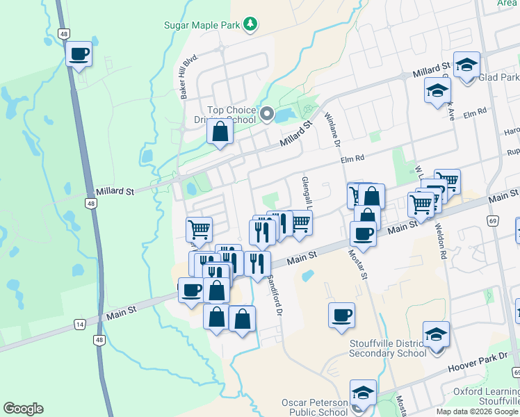 map of restaurants, bars, coffee shops, grocery stores, and more near 12 Summerfield Avenue in Whitchurch-Stouffville
