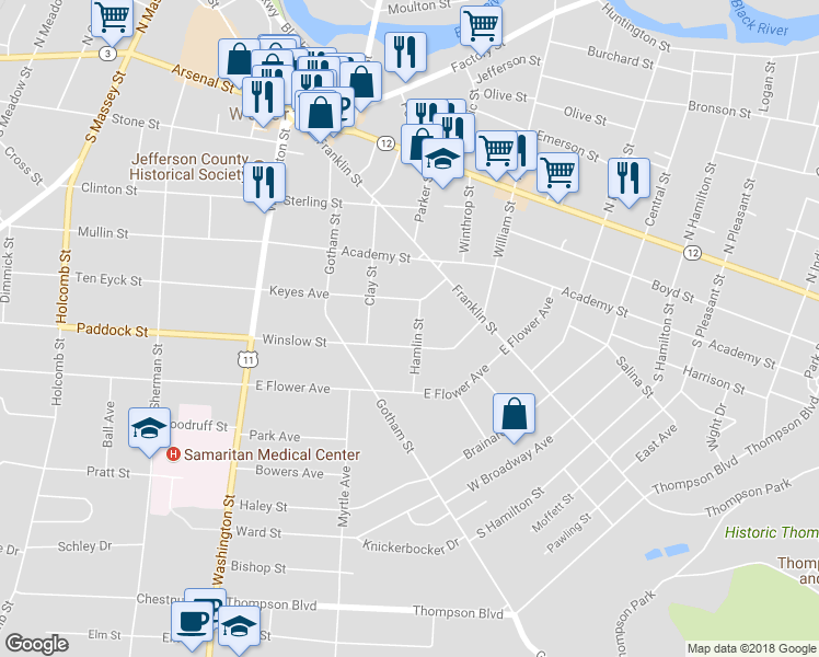 map of restaurants, bars, coffee shops, grocery stores, and more near 520 Hamlin Street in Watertown
