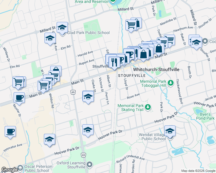 map of restaurants, bars, coffee shops, grocery stores, and more near 4 Albert Street in Whitchurch-Stouffville
