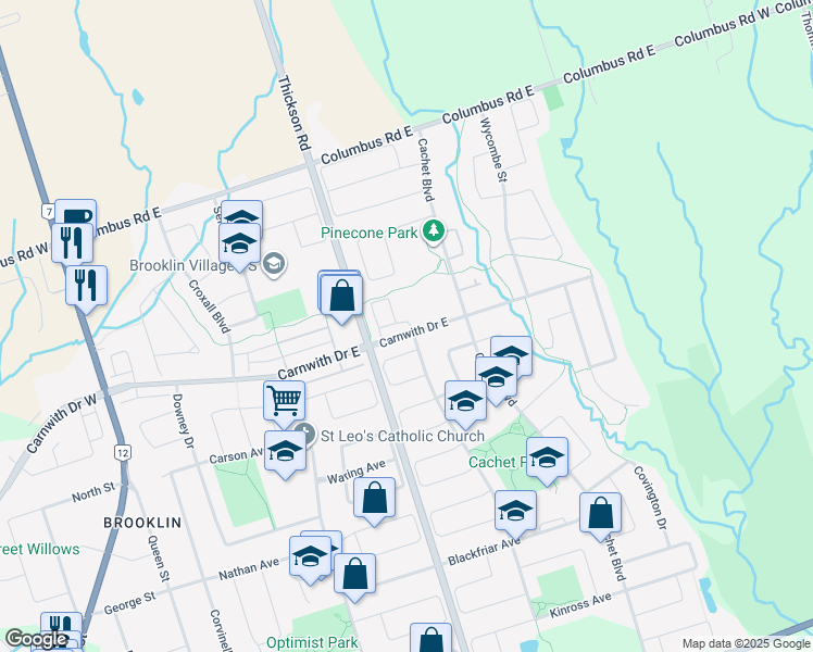 map of restaurants, bars, coffee shops, grocery stores, and more near 300 Carnwith Drive East in Whitby