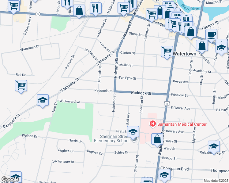 map of restaurants, bars, coffee shops, grocery stores, and more near Paddock Street & Holcomb Street in Watertown