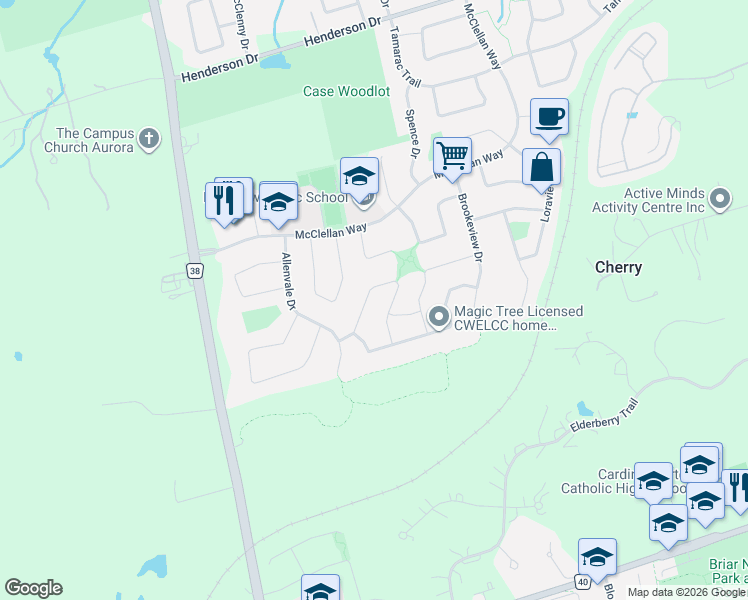 map of restaurants, bars, coffee shops, grocery stores, and more near 167 Covent Crescent in Aurora