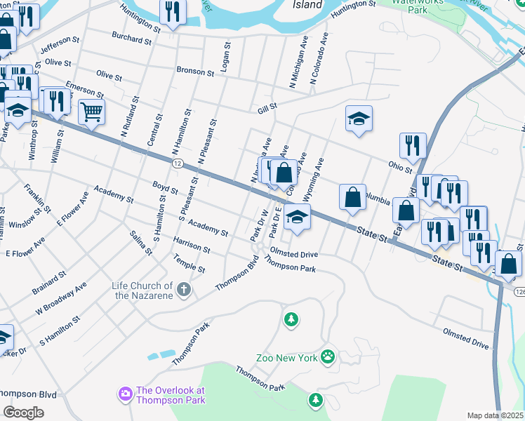 map of restaurants, bars, coffee shops, grocery stores, and more near 114 Park Drive West in Watertown