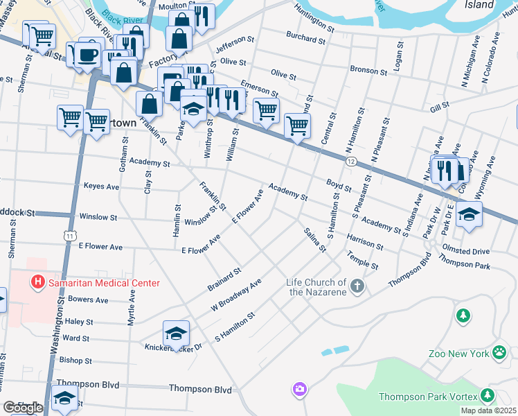 map of restaurants, bars, coffee shops, grocery stores, and more near 708 Academy Street in Watertown