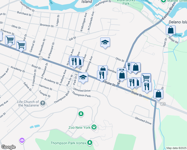 map of restaurants, bars, coffee shops, grocery stores, and more near 1535 State Street in Watertown