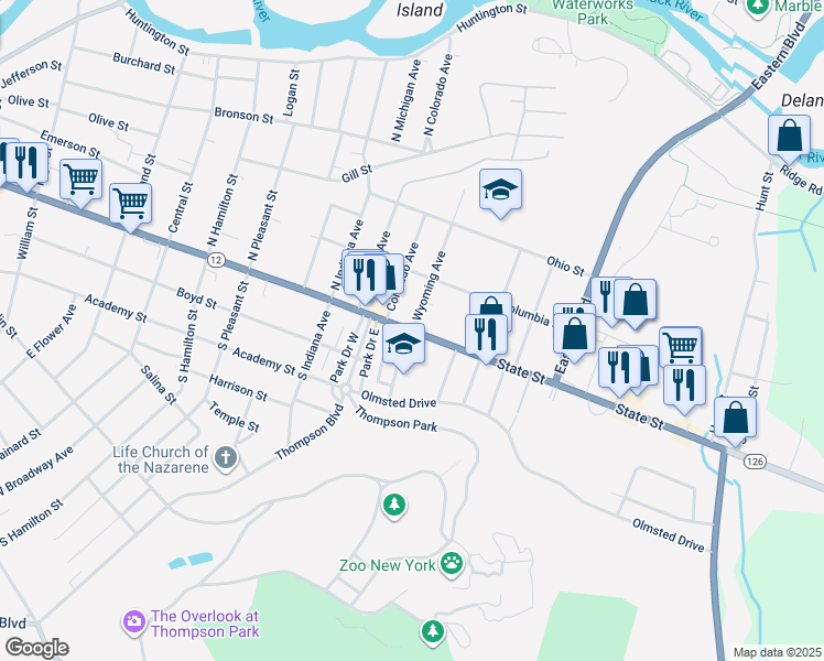 map of restaurants, bars, coffee shops, grocery stores, and more near 1502 Amherst Street in Watertown