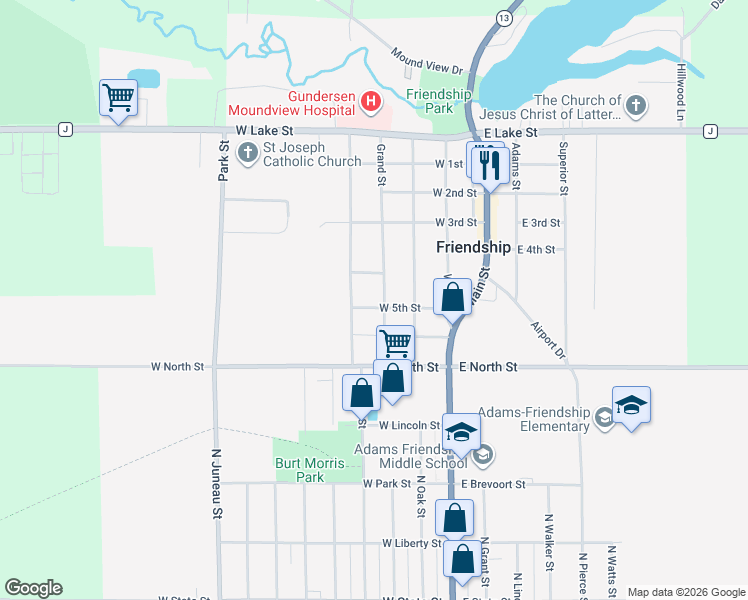map of restaurants, bars, coffee shops, grocery stores, and more near 502 Quincy Street in Friendship