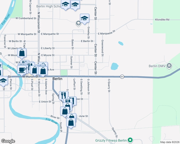 map of restaurants, bars, coffee shops, grocery stores, and more near 313 East Park Avenue in Berlin