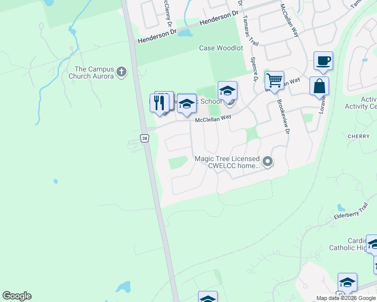 map of restaurants, bars, coffee shops, grocery stores, and more near 27 Allenvale Drive in Aurora
