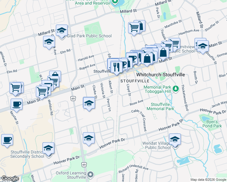 map of restaurants, bars, coffee shops, grocery stores, and more near 7 Albert Street in Whitchurch-Stouffville