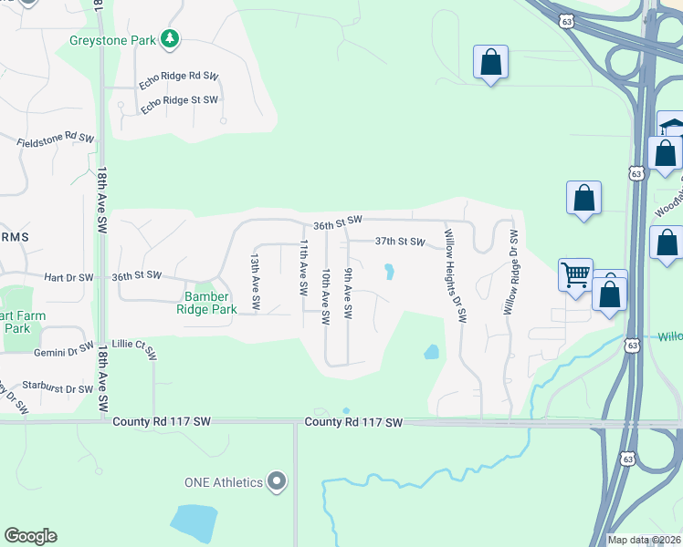 map of restaurants, bars, coffee shops, grocery stores, and more near 822 37th Street Southwest in Rochester