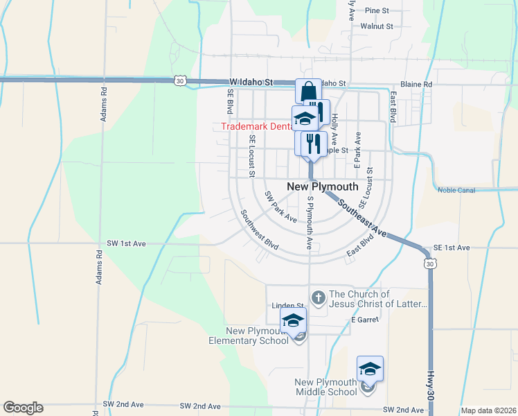 map of restaurants, bars, coffee shops, grocery stores, and more near 112 Southwest Park Avenue in New Plymouth