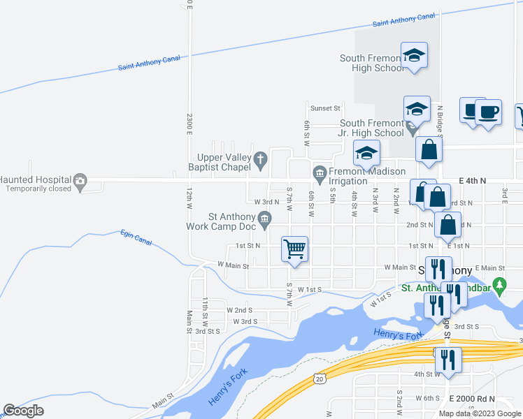 map of restaurants, bars, coffee shops, grocery stores, and more near 249 North 8th West in Saint Anthony