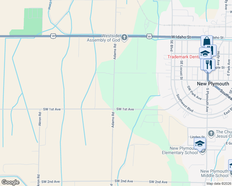 map of restaurants, bars, coffee shops, grocery stores, and more near 6040 Adams Road in New Plymouth