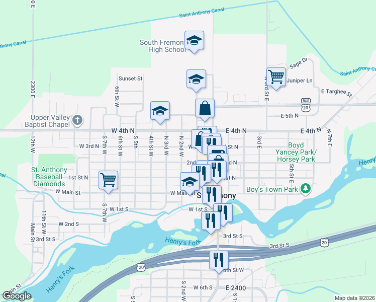 map of restaurants, bars, coffee shops, grocery stores, and more near 105 West 3rd North in Saint Anthony