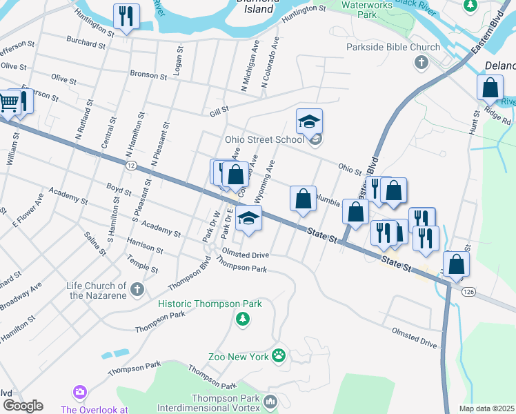 map of restaurants, bars, coffee shops, grocery stores, and more near 1502 Amherst Street in Watertown